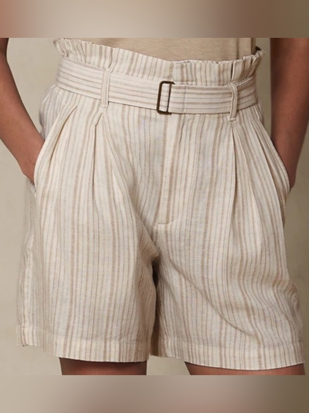 Banana Republic High-Waist Striped Paperbag Shorts Cream & Tan Linen Blend sz 6